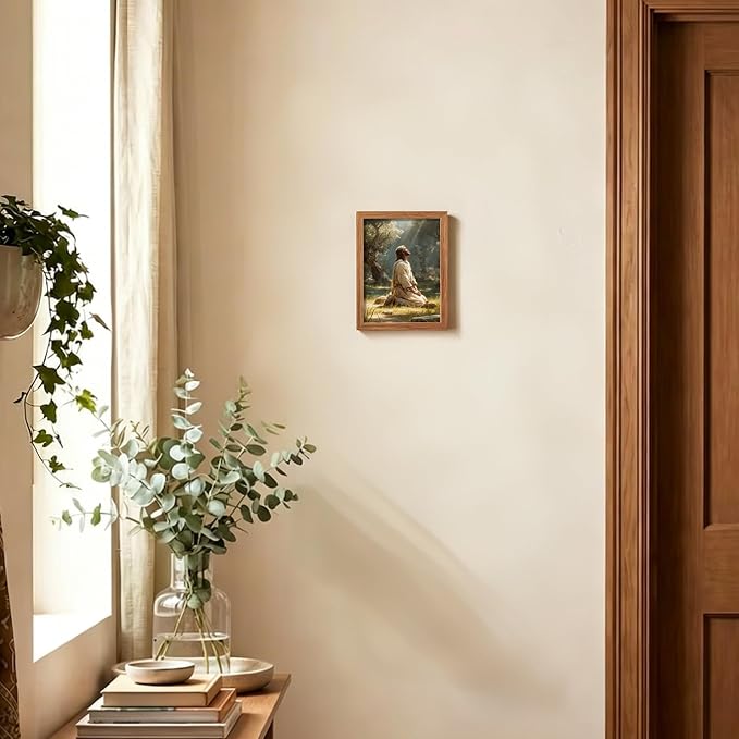 AUUAUU Jesus Praying in Gethsemane Wall Art, Wood Framed Religious Canvas Painting, Vintage Christian Wall Decor for Living Room Bedroom, 8x10 Inches Ready to Hang