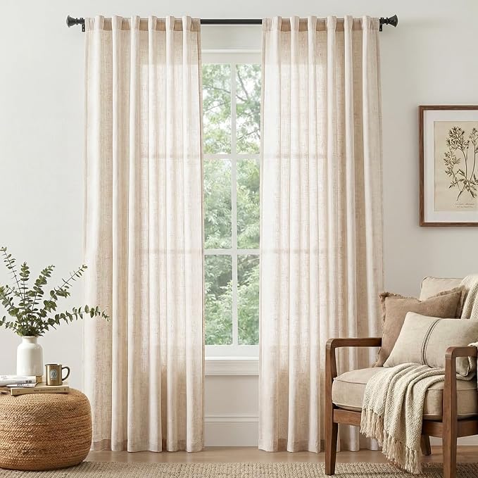 jinchan Linen Curtains Light Filtering Back Tab 50x90 Inch 2 Panels Beige | Semi Sheer Curtains 90 inch length for Bedroom Living Room, Modern Farmhouse Drapes with Rod Pocket, Natural Boho Curtains