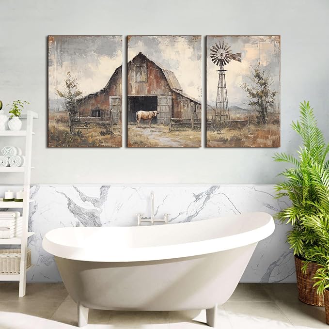 Vintage Farmhouse Wall Art Old Barn Canvas Painting Prints for Kitchen Windmill Barn Pictures Framed Paintings Landscape Countryside Posters Wall Decor for Bedroom Office Home Decorations 16x24