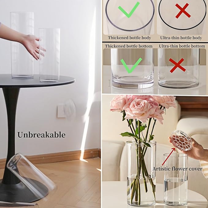 3 Large Clear Acrylic Plastic Cylinder Flower Vase | For Centerpieces