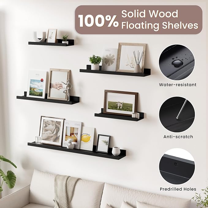 Acovy Floating Shelves for Wall, 36 inch Solid Wood Picture Ledge Shelf, Picture Shelf for Wall with Ledge, Floating Book Shelves for Living Room Bedroom Kitchen Nursery Decor, Black, Set of 2