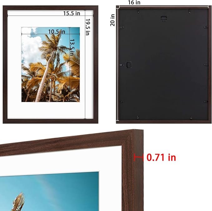 Frametory 3 Pack 16x20 Brown Picture Frame with Real Glass Mat for 11x14