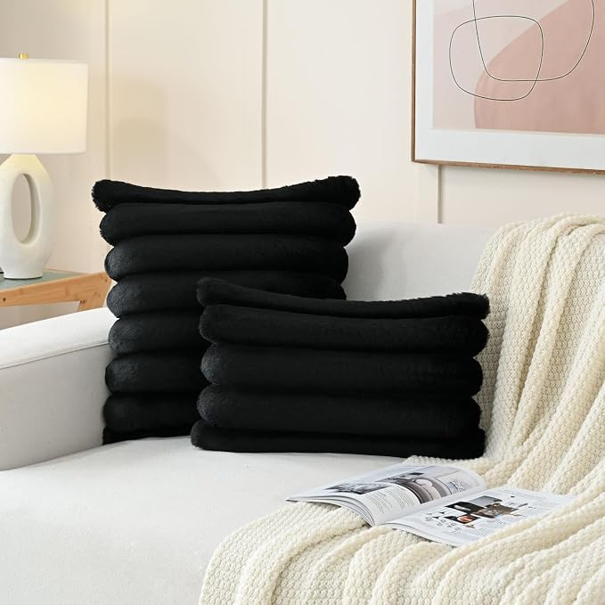 HAUSSY Pack of 2 Pillow Covers 26x26 Inch, Faux Fur Decorative Couch Throw Pillows Soft Striped Plush Cushion Covers Home Decor Cute Furry Pillowcase for Living Room Sofa Bed, Black (Covers Only)