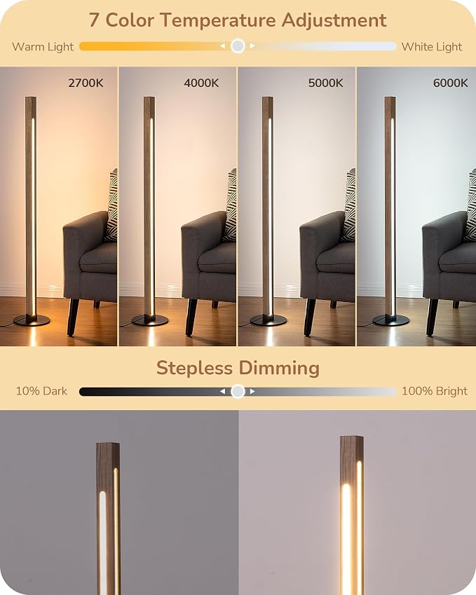 EDISHINE Wooden LED Floor Lamp with Remote, Dual Lighting, 7CCT & Dimmable
