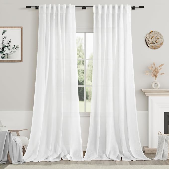 White Linen Sheer Curtains 102 Inches 2 Panels Set Back Tab Rod Pocket Extra Long Semi Sheer Light Filter Vintage Curtain Drapes Room Decor Aesthetic Curtains for Living Room High Window 42x102
