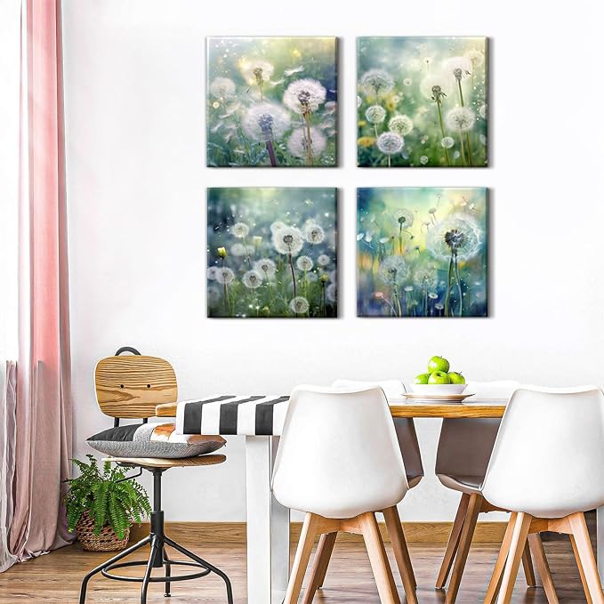 Dandelion Canvas Wall Art Nature Floral Artworks for Living Room Bathroom Decorations White Dandelion Pictures Flower Canvas Prints Framed Painting Bedroom Bathroom Wall Decor Ready To Hang 24x24"4Pcs
