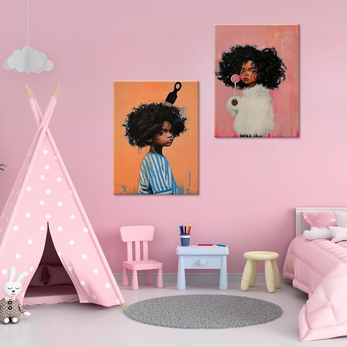 ouiytws Black Girl Wall Art Set of 2, Afro Canvas Prints for Kids Room | Framed 16x24 inch diptych wall art for kids bedroom, cute boho modern painting, ideal boys and girl room decor