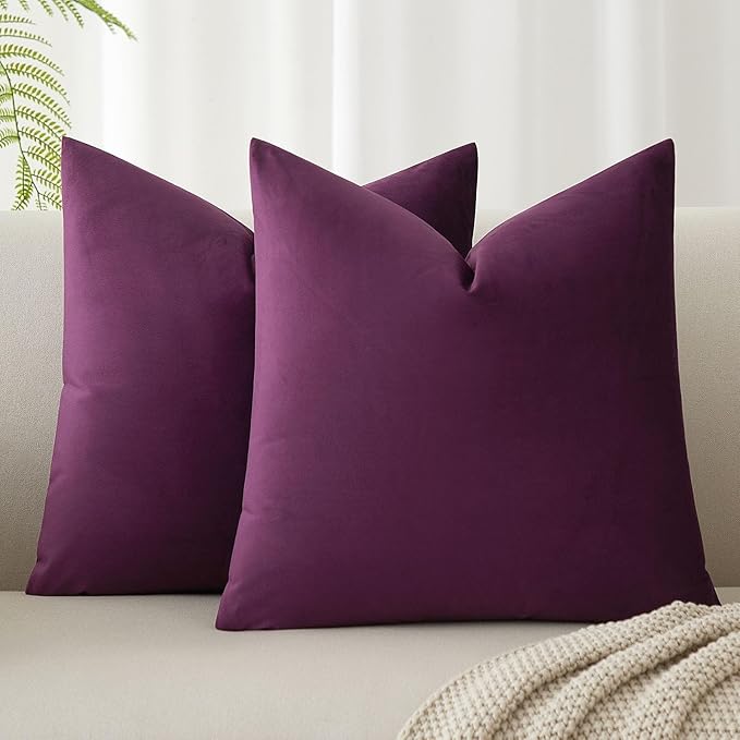 Throw Pillow Covers Set of 2 Velvet Cushion Covers 14x14,Eggplant Purple