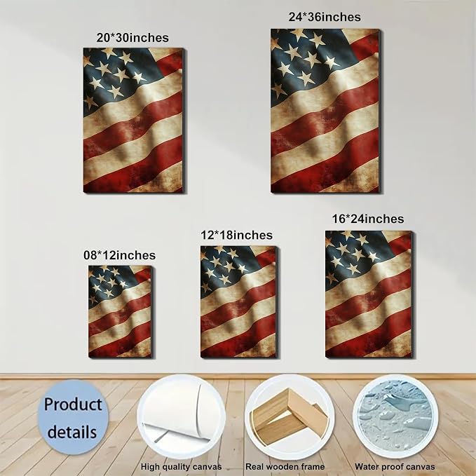 Framed Vintage Distressed American Flag Wall Art, Patriotic Rustic Canvas Art Pictures, USA Flag Wall Decor, Made in USA Ready to Hang for Living Room Garage