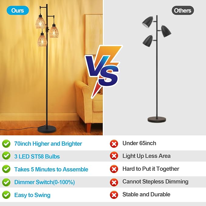 Boho Rattan Floor Lamp-Standing Lamps for Living Room 70''