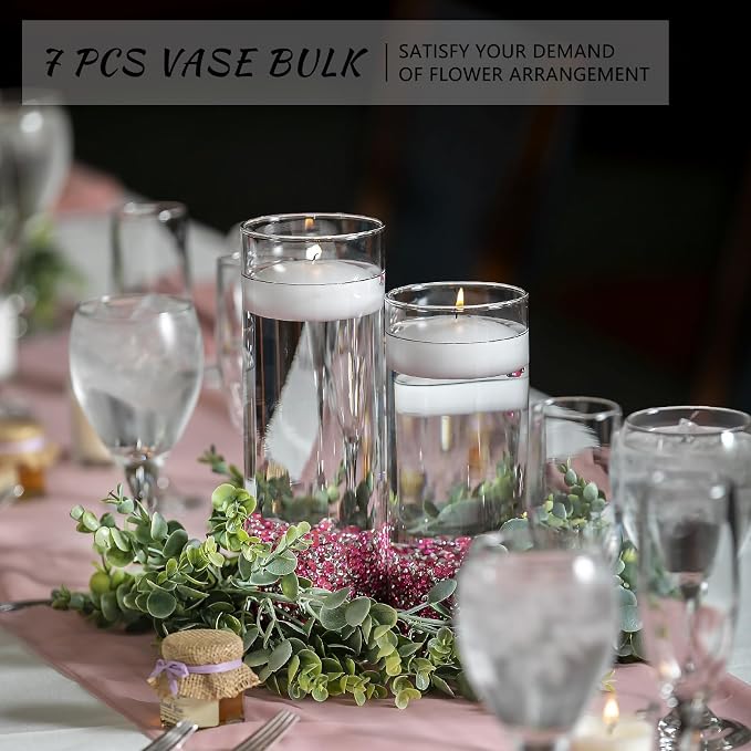 SUPMIND 8inch Glass Cylinder Vases for Centerpieces, 7Pcs Tall Flower Vases | Clear Floral Vases Bulk, Glass Hurricane Candle Holder for Table Centerpieces, Floating Candle Vases for Wedding Home Décor