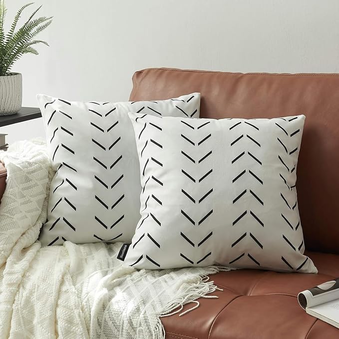 Set of 2 Boho Pillow Covers 22 x 22 inches White Square Pillow Covers with Black Arrows Print Polyester Blend Decorative Throw Pillow Covers Sofa Cushion Cases