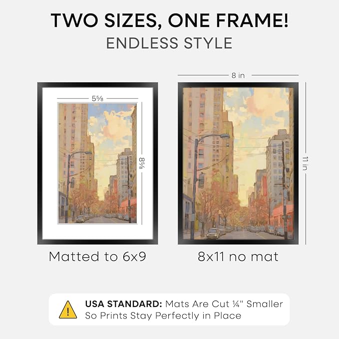 Homeforia 8x11 Black Picture Frame, High-End Metal, 6x9 Mat, Glass