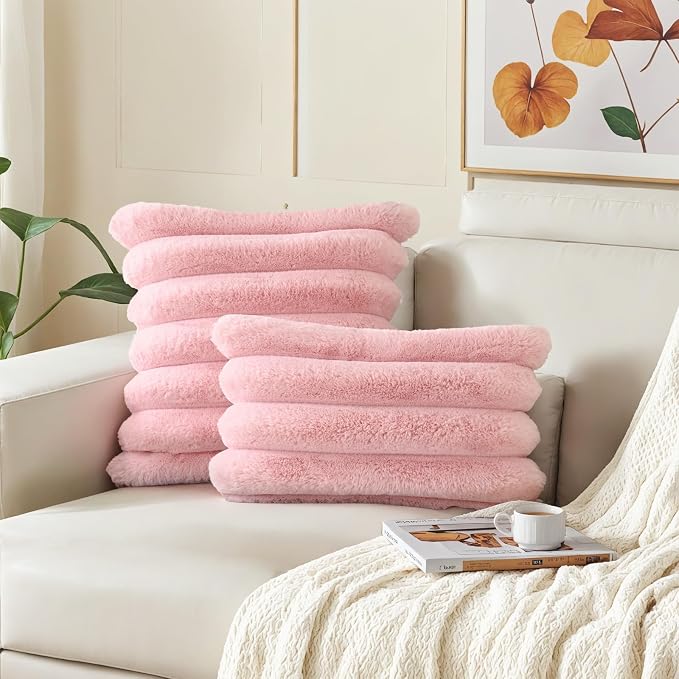 HAUSSY Pack of 2 Pillow Covers 20x20 Inch, Faux Fur Decorative Couch Throw Pillows Soft Striped Plush Cushion Covers Home Decor Cute Furry Pillowcase for Living Room Sofa Bed, Pink (Covers Only)