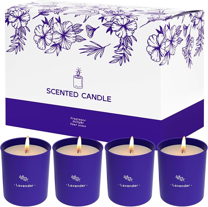 Lavender Scented Candle, 8 oz Soy Wax Jar Candle for Women, 45 Hour Burn | Long Lasting Candle for Home Scented, Purple Glass Jar Gift for Girl, Chrismas Mother's Day Valentine's Day Birthday, 4 Pack