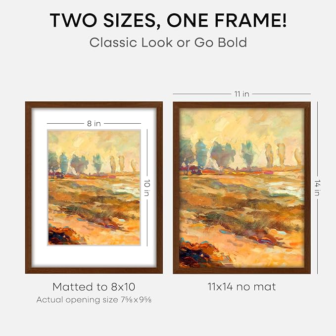 Homeforia 11x14 Brown Oak Picture Frame, High-End Wood, 8x10 Mat, Glass