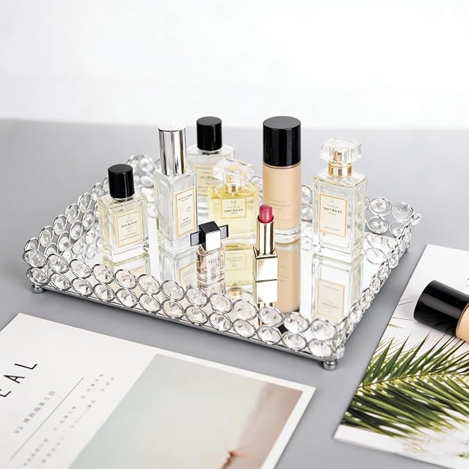 Feyarl Crystal Vanity Makeup Perfume Tray Ornate Jewelry Trinket Organizer Cosmetic Decorative Tray Skin Care Storage for Home Dressing Table Wedding Decoration(Rectangle 12" x 8")