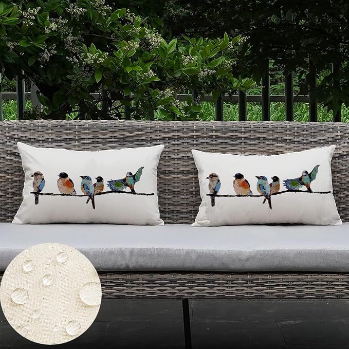 RABUSOFA Outdoor Pillow Covers Waterproof 12x20,Outdoor Bird Lumbar Throw Pillow Cases Small Decorative Pillows for Couch Patio Furniture Polyester Linen Teal Blue