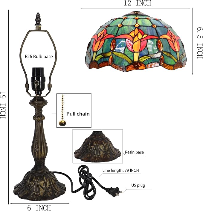 Tiffany Table Lamp Stained Glass Bedside Reading Light W12H19 inch