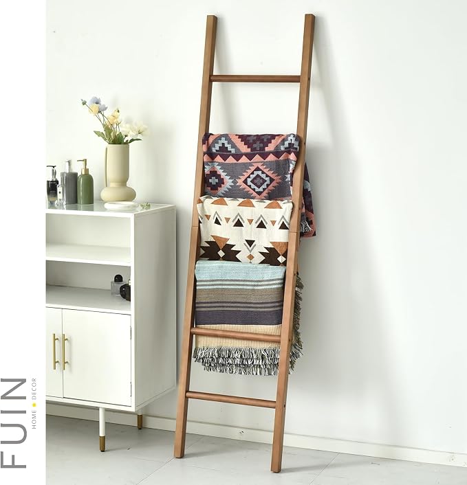 FUIN Blanket Ladder, 6ft Rustic Solid Wood Rectangle Decor Rack, Natural | 6 rungs, farmhouse quilt display holder, organize towel and clothing, leaning wall, decorative living room and bathroom