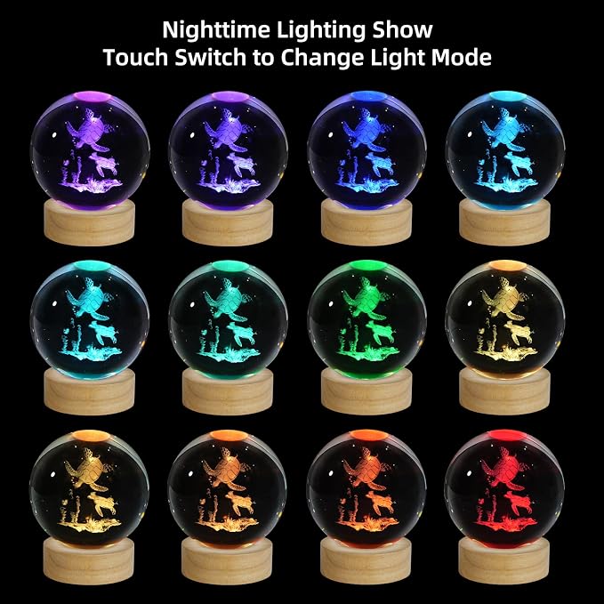 3D Sea Turtles Crystal Ball Night Light, Upgraded 3.15 Inch Glass Ball Lamp with 16 Color LED Wooden Base, Sea Turtles Decor Birthday Holiday Christmas Gifts for Boys Girls Friends