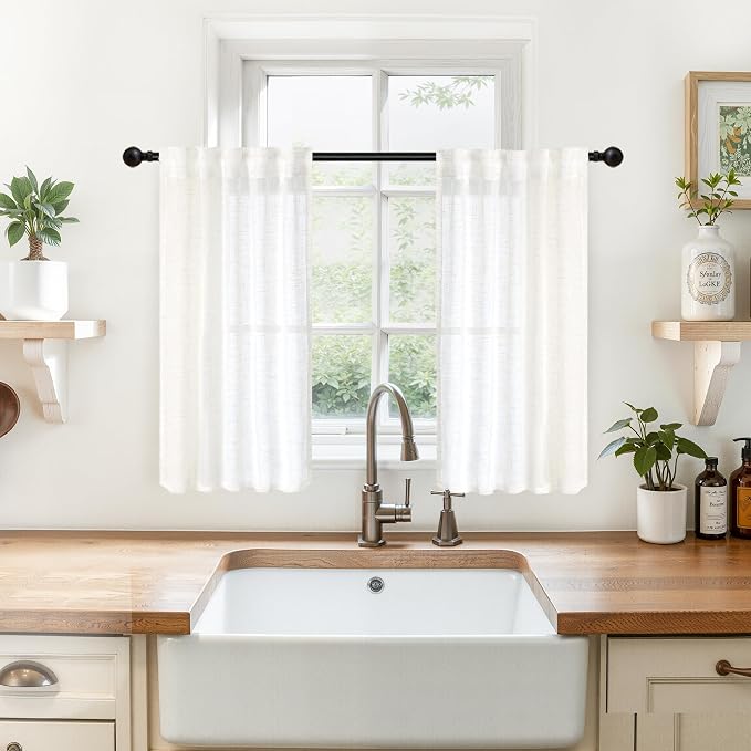 YoungsTex Small Linen Semi Sheer Curtains 36 Inch Length Window Over Sink | Short Drapes with Rod Pocket Back Tab Light Filtering for Cafe Kitchen Window, 2 Panels, 29 X 36 Inch