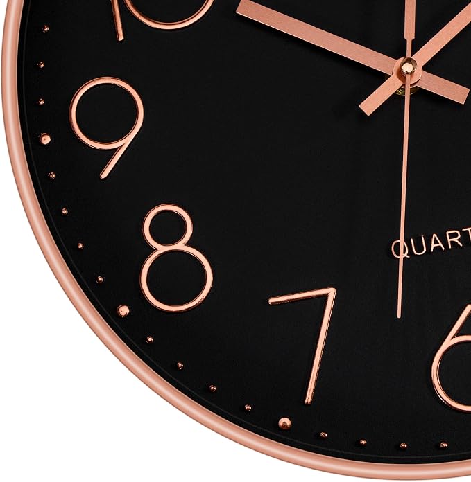 Foxtop Modern Wall Clock 12 Inch Non-Ticking Silent Battery Operated Round Quartz Rose Gold Wall Clock for Office Bedroom Living Room Kitchen Home School Decor (Black Dial)