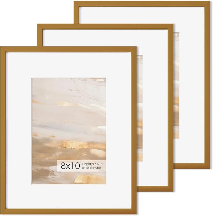 Fun Memories 8x10 Inch Metal Picture Frame - Aluminum Photo Frames - 5x7 Mat - Ideal for Wall or Tabletop Display - Wall Hook Hanging Hardware Included - Set of 3 -Bronze
