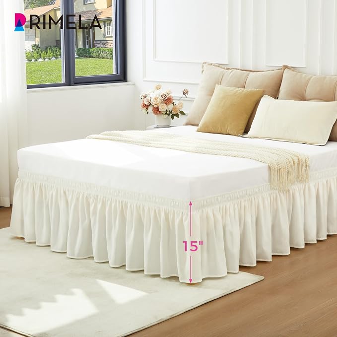 RIMELA Bed Skirts Full Size Cream Dust Ruffle 15 Inch Drop, Wrap Around Elastic Adjustable Bedskirt, Bed Skirt for Adjustable Bed Base, Soft Durable Fabric Machine Washable Easy to Install | Solid Ruffled, Easy to Use, No Mattress Lifting, Wrinkle & Fa...
