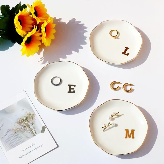 Ceramic Jewelry Tray Initial Ring Dish Personalized K-Monogrammed Engagement Wedding Gifts,Decorative Jewelry Holder for Birthday Mother's Day Christmas for Women, Ceramic White 4.5" (K)