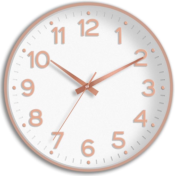 Roymnie 10 Inch Wall Clock Battery Operated Silent Non Ticking Analog | White Rose Gold modern analog; large 3D easy-read dial for kitchen, office, bathroom & bedroom; 1 AA battery (not included)