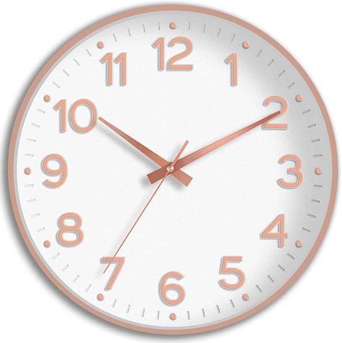 Roymnie 8 Inch Wall Clock, Battery Operated Silent Non Ticking Analog | White Rose Gold modern analog; large 3D easy-read dial for kitchen, office, bathroom & bedroom; 1 AA battery (not included)