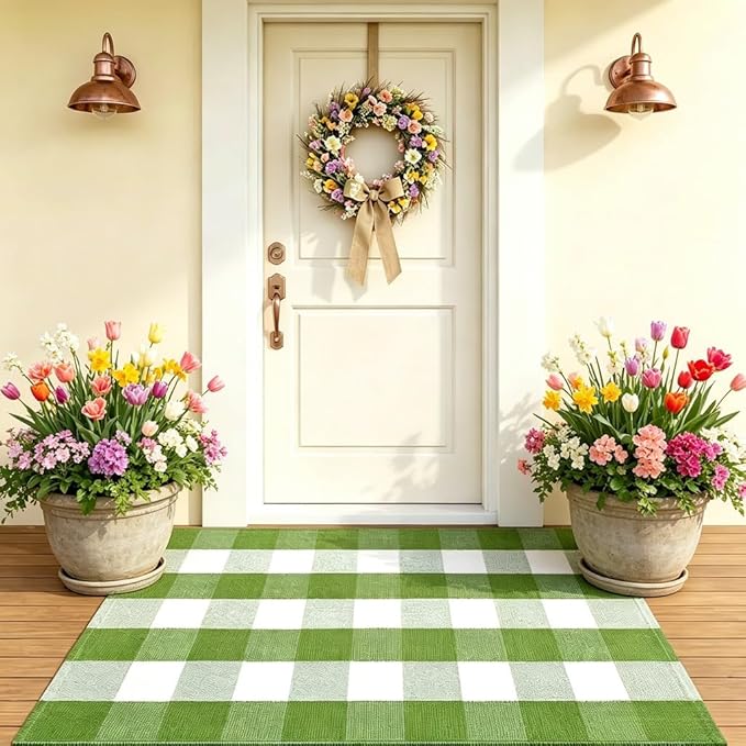 Buffalo Plaid Outdoor Rug 27.5" x 43" Grass Green and White Checkered Area Rug Washable Doormats Indoor Outdoor Rugs for Layered Front Door Mats, Porch, Entryway, Kitchen, Farmhouse