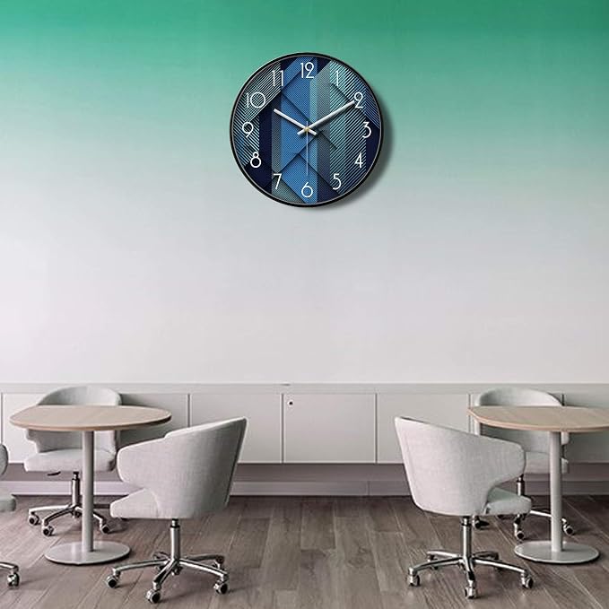 Silent Non-Ticking Analog Wall Clock, Geometric Blue Print, 12'' | Battery Operated, Modern, Metal Frame & HD Tempered Glass, Decorative for Home & Office, Bedroom, Kitchen, Living Room