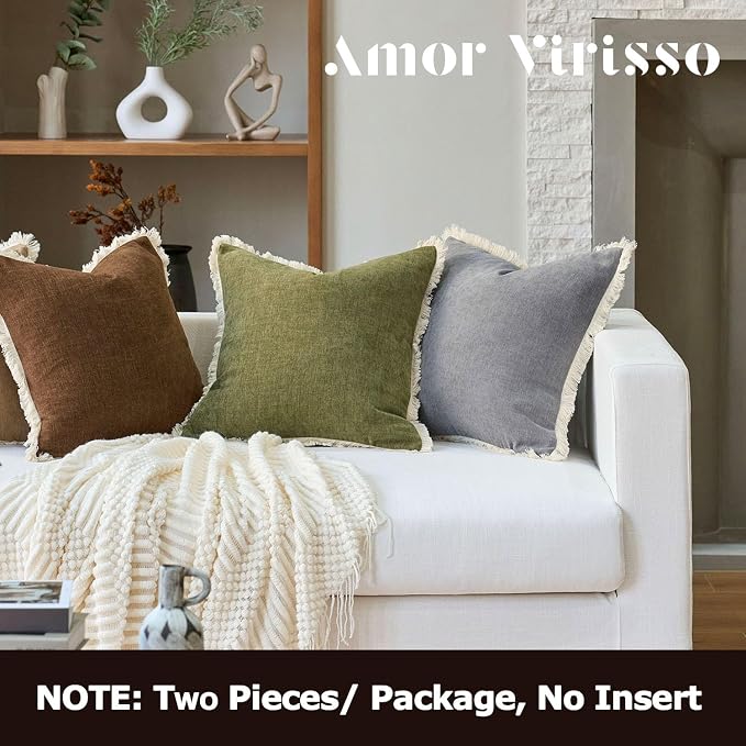 Amor Virisso Fringe Throw Pillow Covers 20x20 Set of 2 Boho Neutral Farmhouse Decorative Pillow Covers with Tassels for Couch Sofa Bed, Light Grey