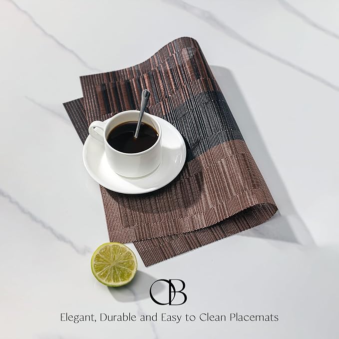 Placemats Set of 6 - Easy Clean Woven Vinyl Placemats for Dining Table, Indoor/Outdoor Place Mats, Washable PVC Table Mats （Ombre Brown Black）