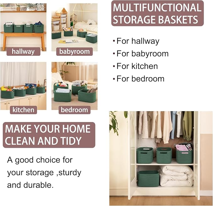 OIAHOMY 4 Pack Storage Baskets for Organizing 15L Cube Storage Bins Green | Woven Baskets for Storage Rectangle Small Baskets With Handles Baskets for Shelves Wicker Baskets for Shelves 12.7x9x7.8inch