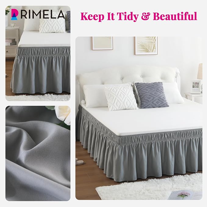 Grey Bed Skirt Queen Size 18 Inch Drop, Elastic Wrap Around Bedskirt | Solid Ruffled, Easy to Use, No Mattress Lifting, Wrinkle & Fade Resistant, with Adhesive Strips, Machine Wash/Dry/Iron