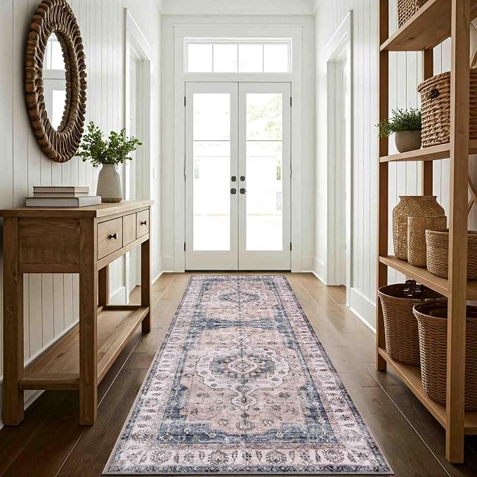 Machine Washable Area Rug, Soft & Durable, Non-Slip, Stain Resistant Rug for Bedroom, Living Room, Dining Room, High Traffic Areas. (Light Blue/Ivory, 2.5' X 7')