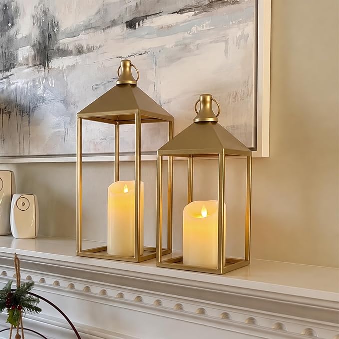 Decorative Candle Lanterns Indoor, 2 Pcs Gold Metal Lanterns with Candles | No Glass for Covered Front Porch Patio, Fireplace Mantel Decor, 15" 11" Decorative Lanterns for Wedding Table Centerpiece