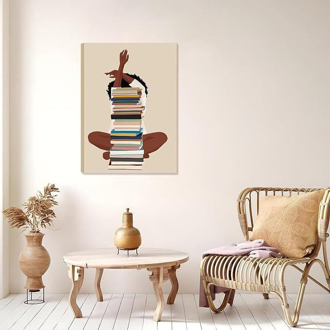 AKWISH Black Girl Canvas Wall Art - African American Wall Decor, Modern Black Woman with Book Art for Bedroom Living Room - Framed 16x24 inch