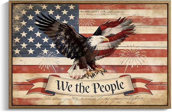 American Flag Framed Canvas Wall Art, 4th of July Patriotic Canvas Prints | USA Flag with Bald Eagle Poster Print, Vintage Independence Day Wall Decor for Bedroom Living Room 11×14in