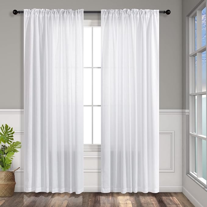 White Linen Curtains 84 Inch Length for Living Room 2 Panel Back Tab Loop Pocket Drape Cotton Textured Light Filtering Semi Sheer Lightweight Curtain for Bedroom Boho Rustic Farmhouse Decor 52x84 Long