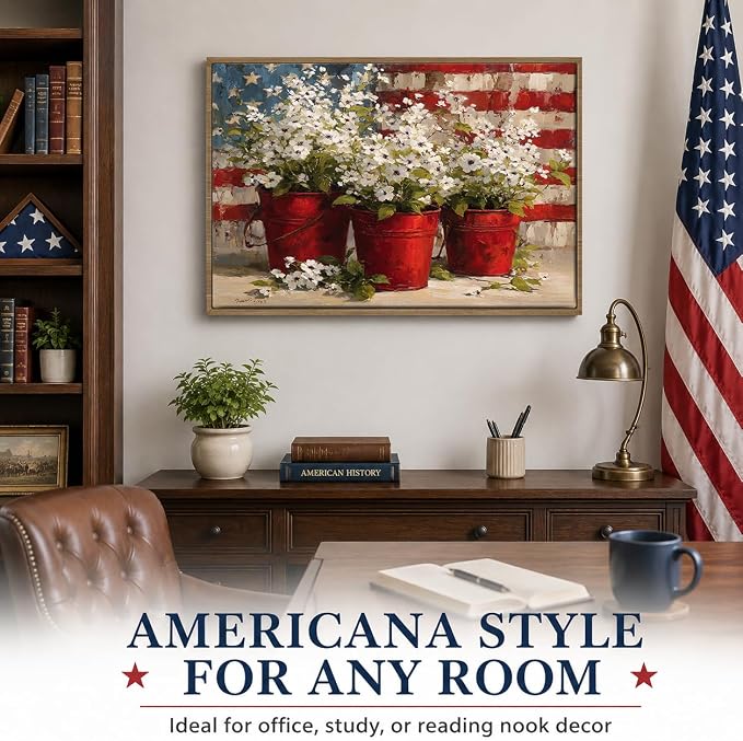 American Flag Framed Canvas Wall Art, 4th of July Floral Canvas Prints | Wildflower Landscape Poster Print, Vintage Rustic Independence Day Wall Decor for Bedroom Living Room Office 16×20in
