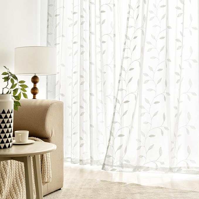 MIULEE Ivory Sheer Curtains 2 Panels Embroidered Leaf Patterned, W52 x L84 | Embroidered Floral Semi Sheer,Rod Pocket,Faux Linen,Short Window Curtains Drapes Set for Kitchen/Bathroom/Cafe