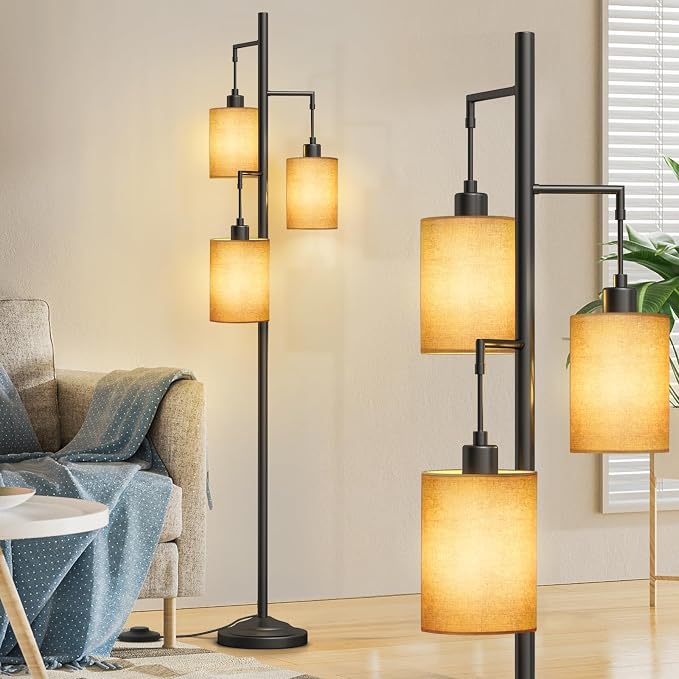 3 Lights Boho Floor Lamps with ON/Off Foot Switch Tree Standing Lamp with Hanging Lampshades Farmhouse Floor Lamp Tall Pole Lamp for Living Room Bedroom Office, 3 PCS 6W Bulbs Included