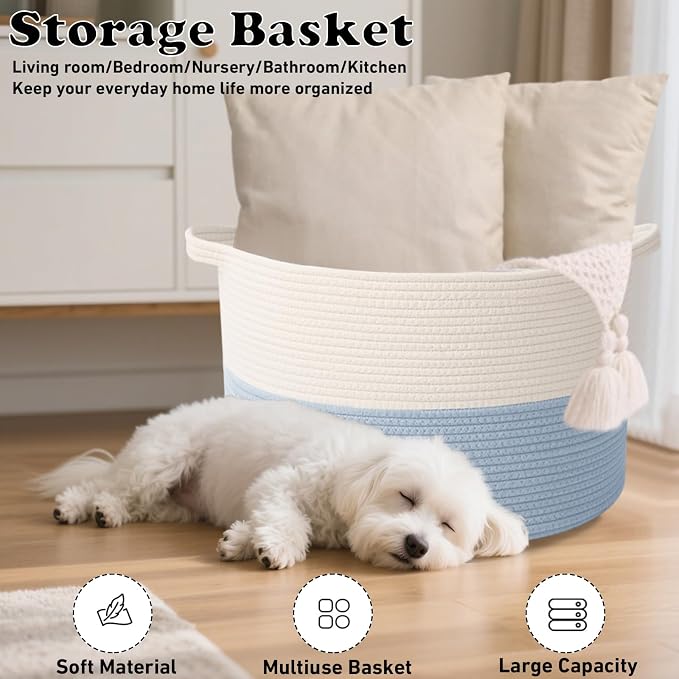 90L Large Blanket Basket,Woven Laundry Basket-White&Blue | Collapsible, reinforced handles, nursery storage bin organizes clothes, toys and pillows for living room, bedroom bathroom