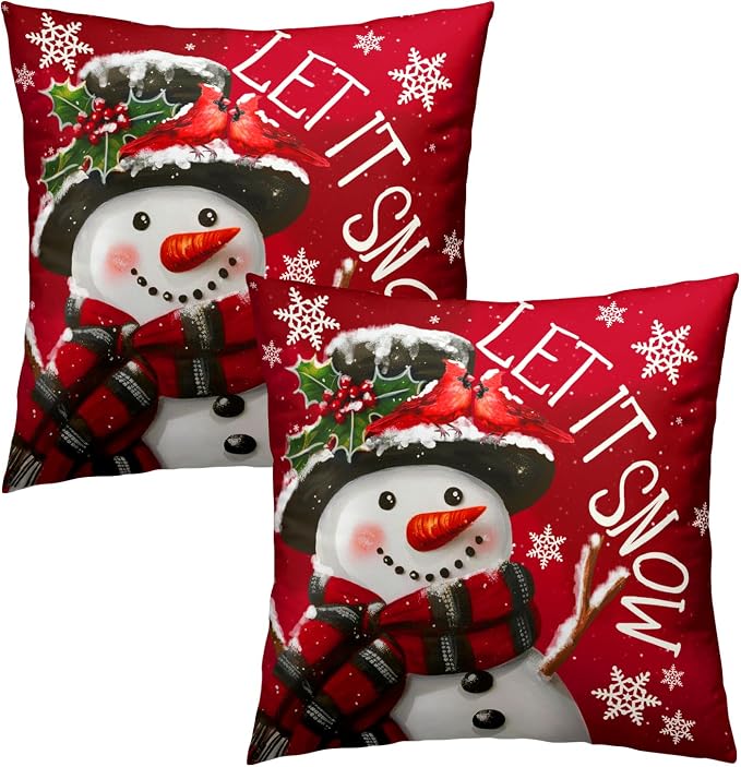 Xmas Pillow Covers 20x20 Inch 2 Packs Christma Snowman Snowflake Decorative Red Pillow Cases Winter Holiday Red Cotton Cushion Cover for Home Sofa Couch Decor