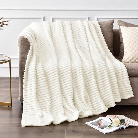 BEDELITE 3D Ribbed Jacquard Cream Fleece Twin Blanket for Bed, 60x80 Inch | Soft Warm Decorative Fluffy Blanket, Cozy Plush Lightweight Fuzzy Throw Blanket for Couch Sofa Room Decor, Gift for Women