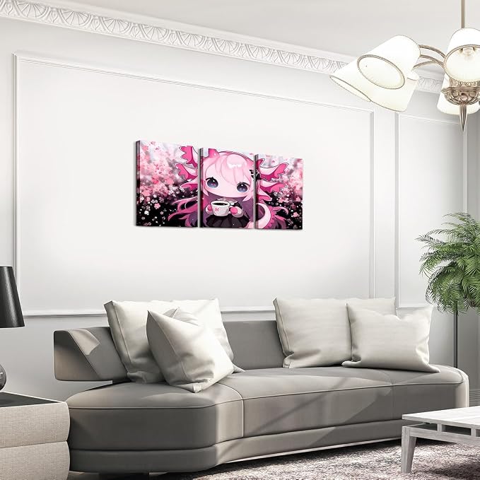 Feelyou Boys Girls Cute Pink Axolotl Picture Wall Decor Kawaii Animal Wall Painting Posters Glitter Canvas Wall Art for Living Room Bedroom Kids Cherry Blossoms Bathroom Wall Art 12"x16"x 3Pcs